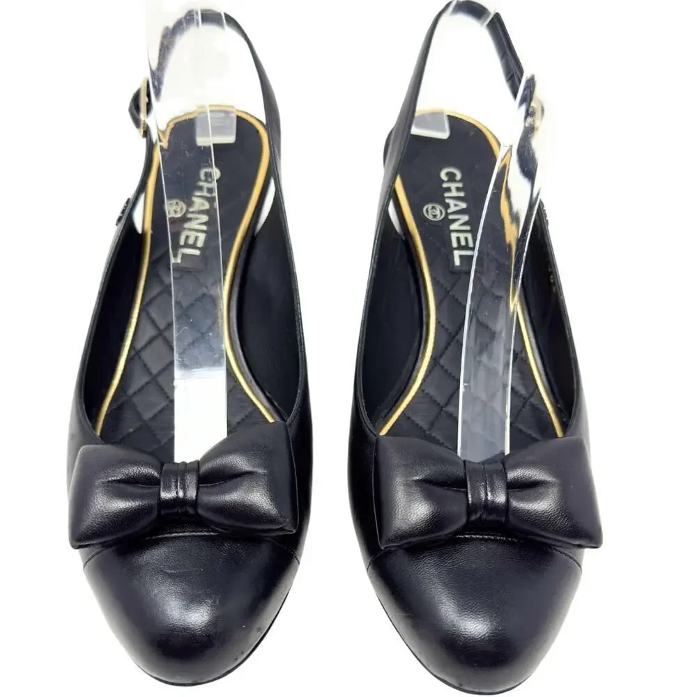Chanel CC Logo Bow Black Gold Slingback Quilted Mary Jane Block Heels Loafers 38